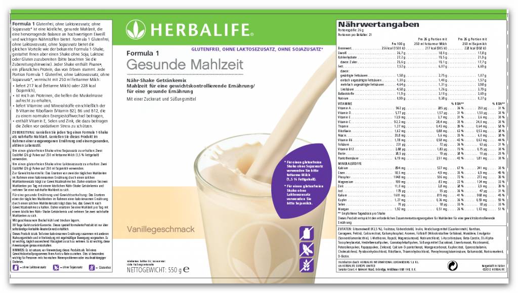 Herbalife Formula 1 Nähr-Shake Getränkemix Vanille - Free From - Erbseneiweiß