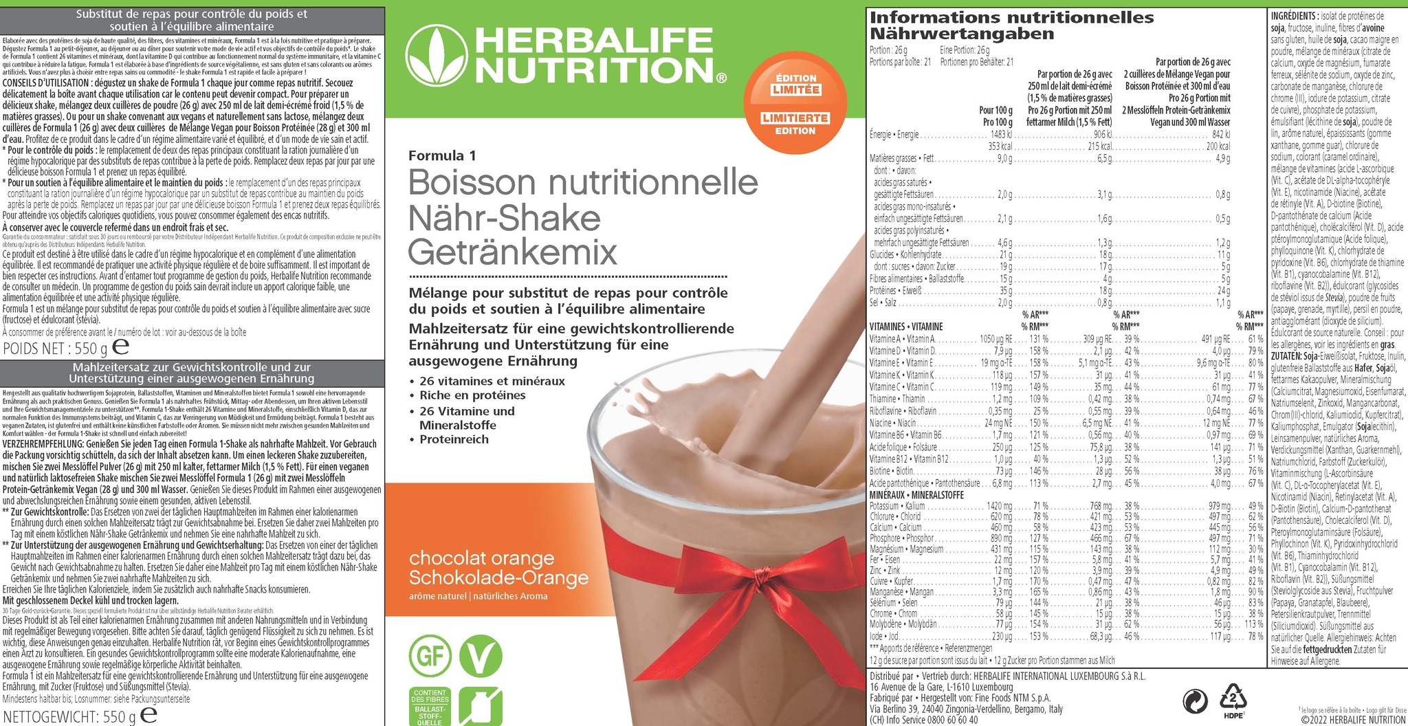 Herbalife Formula 1 sostituto del pasto – Cioccolato e Arancia - Ingredienti vegani