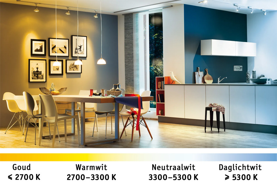 Verloop van lichtkleur of kleurtemperatuur van goud warmwit naar daglichtwit