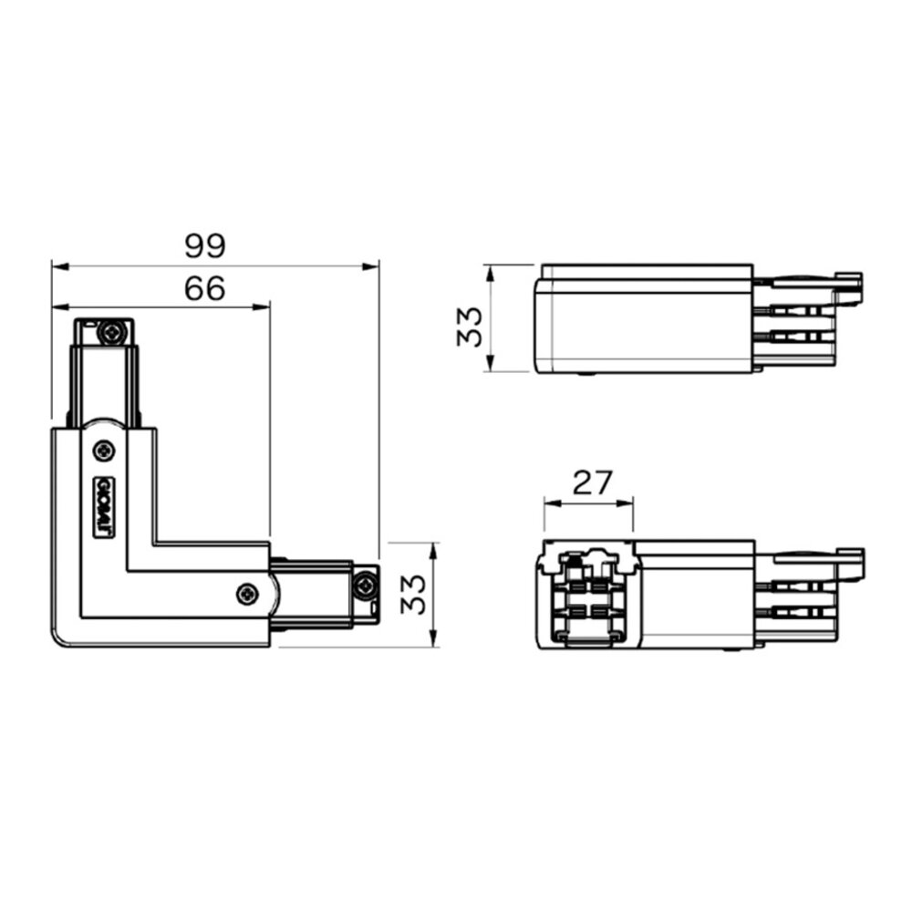 3-Fase Rail L-Connector Aarde Buiten 3-Fase Rail L-Connector Aarde Buiten
