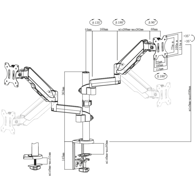 DQ Dubbele Monitorarm zwart - met Gasveer