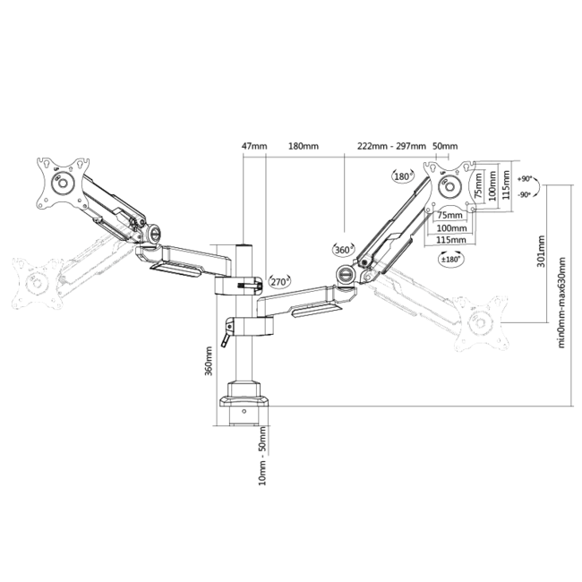 DQ Pardo Dubbele  Monitorbeugel op paal zwart - met Gasveer