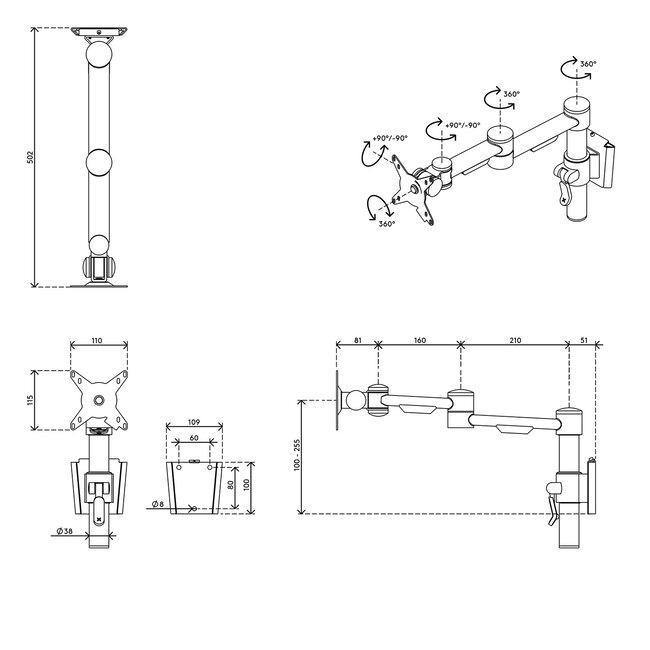 Dataflex Viewmate monitorarm Zilver - wand 052
