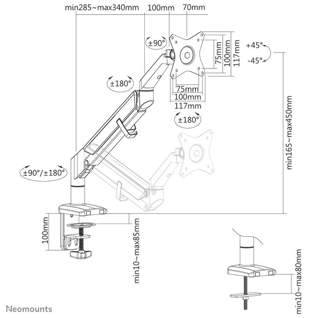 Neomounts DS70-810BL1 Monitorarm 17-32 inch - gasveer - ruimtebesparend - 180°-stop
