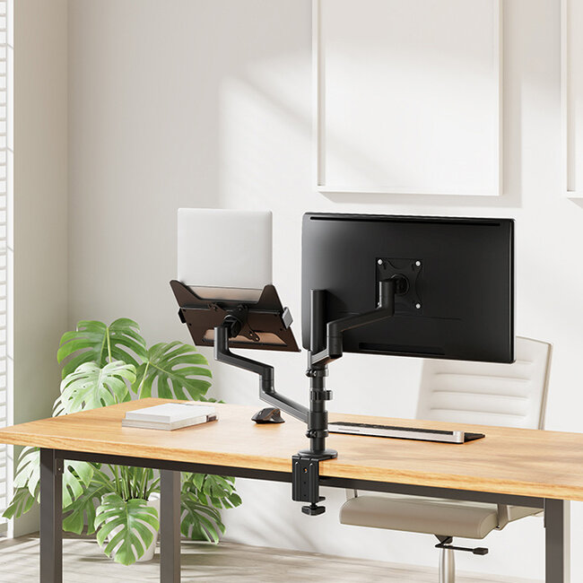 Neomounts DS20-425BL2 Monitorarm met laptophouder 17-27" - ruimtebesparend