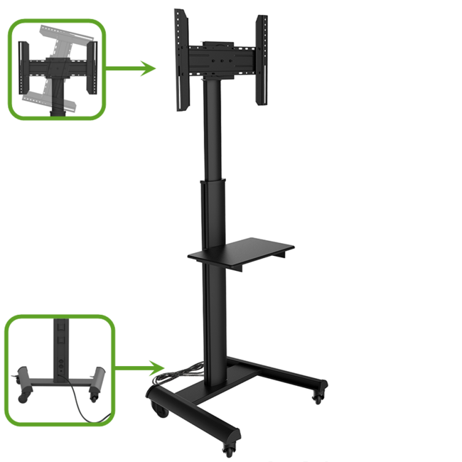 XTRARM Proton 500  Verrijdbare TV Vloerstandaard Zwart - Met 2 stopcontacten en 2 USB poorten