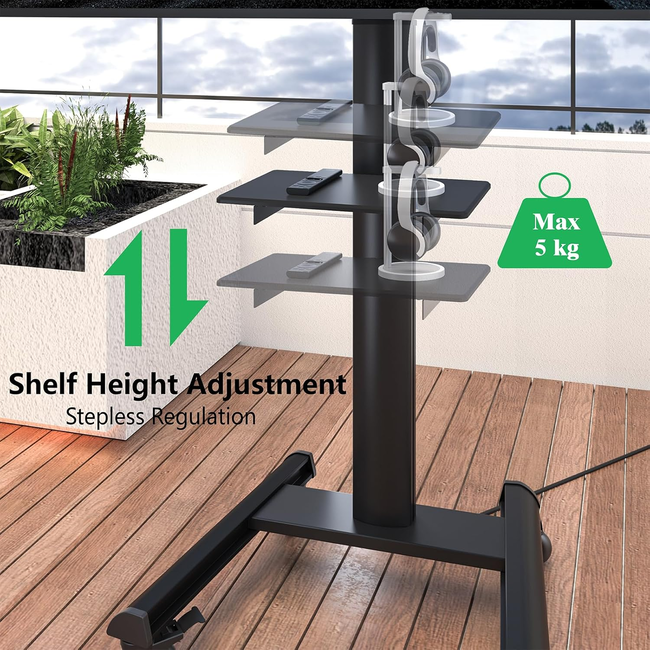 XTRARM Proton 500  Verrijdbare TV Vloerstandaard Zwart - Met 2 stopcontacten en 2 USB poorten