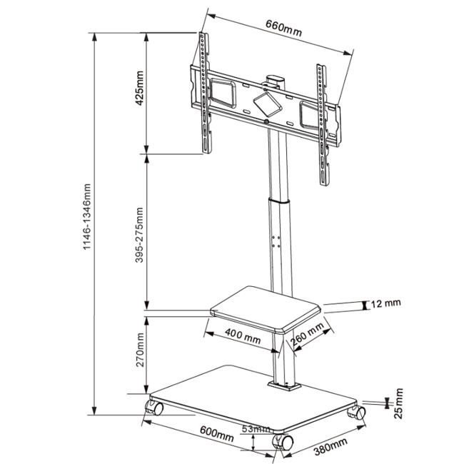 XTRARM Delphos TV Vloerstandaard  Zwart Verrijdbaar