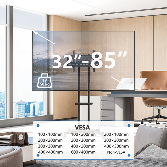 DQ Cato 600 TV Vloerstandaard  Verrijdbaar -  Met 2 stopcontacten en 2 USB  poorten