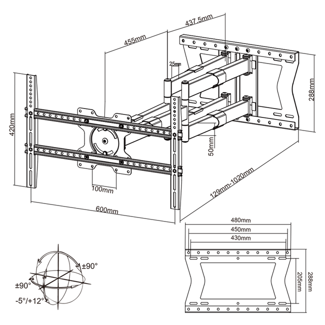 XTRARM Cratos 100 cm Double 600 TV Beugel Black
