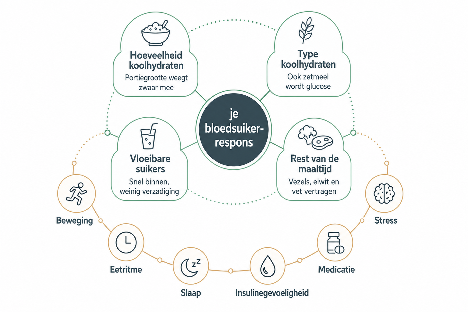 Overzicht van factoren die invloed hebben op de bloedsuikerrespons, zoals koolhydraten, beweging, slaap, stress en medicatie