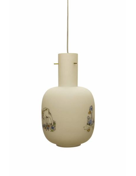 Vintage children's hanging lamp with deer and goose, dates from the 1970s