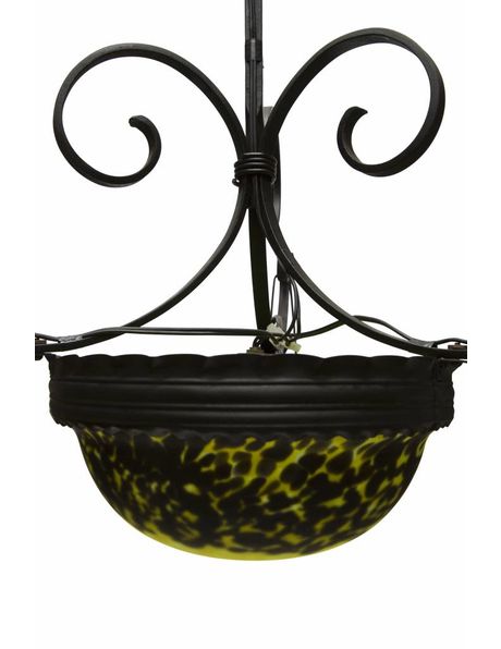 Antique hanging lamp, wrought iron with hand-blown glass, 1930s