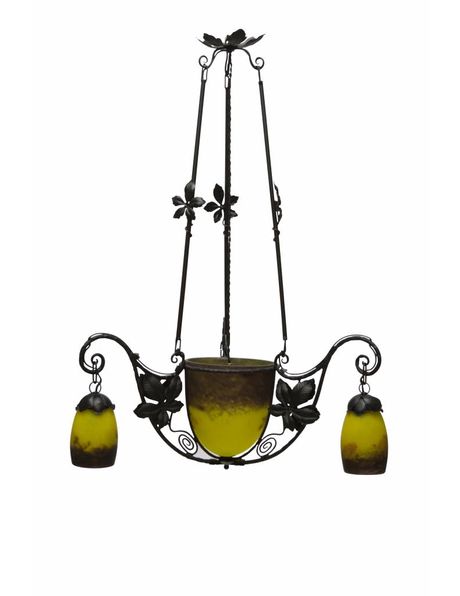 hanging lamp, black with yellow, signed glass in wrought iron, 1940s