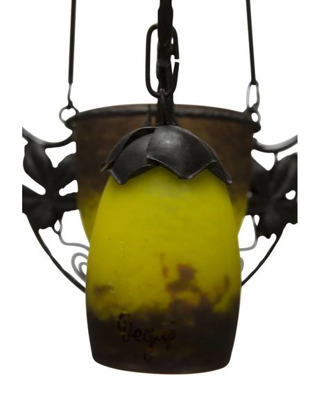 hanging lamp, black with yellow, signed glass in wrought iron, 1940s