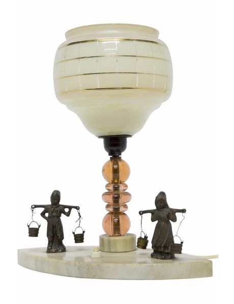 Table lamp, rural scene with natural stone, 1940s