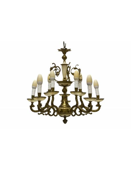 Large copper and alabaster chandelier with 10 candles from the 1930s