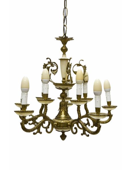 Large copper and alabaster chandelier with 10 candles from the 1930s