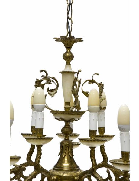 Large copper and alabaster chandelier with 10 candles from the 1930s