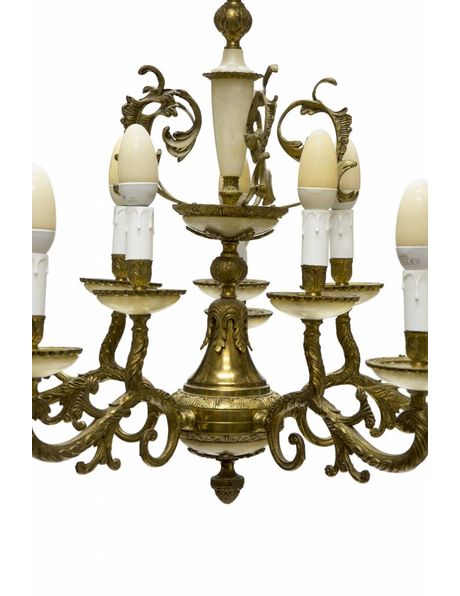 Large copper and alabaster chandelier with 10 candles from the 1930s