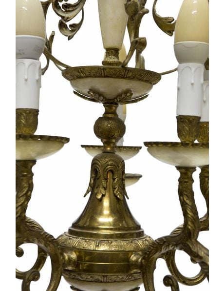 Large copper and alabaster chandelier with 10 candles from the 1930s