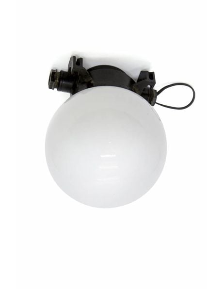 Industrial ceiling lamp with bakelite base and spherical glass shade, 1930s