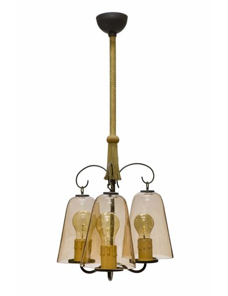 Vintage hanging lamp with 3 light points and light brown tinted glass from the 50s