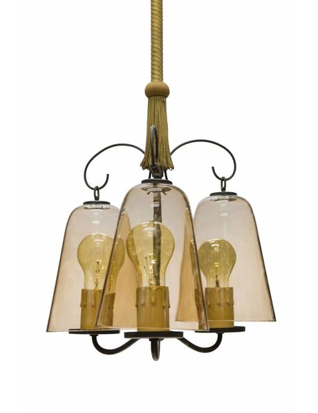 Vintage hanging lamp with 3 light points and light brown tinted glass from the 50s