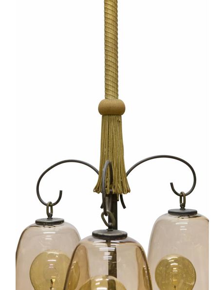 Vintage hanging lamp with 3 light points and light brown tinted glass from the 50s