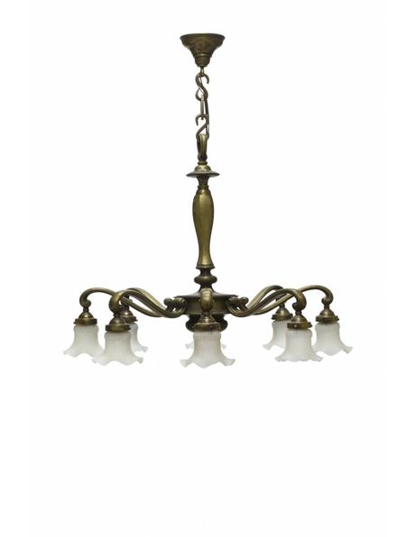 Large hanging lamp with bronze fixture and 8 arms, each with a skirt, 1950s