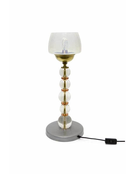 Vintage tafellamp met aparte voet van metaal en glas, ca. 1950