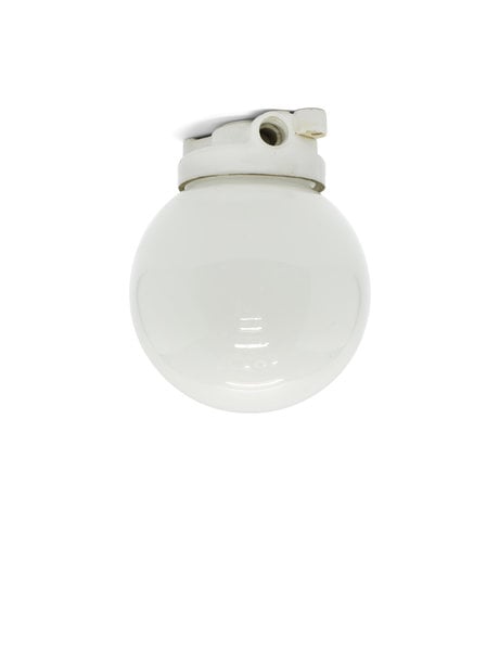 Industrial ceiling lamp, white sphere in porcelain holder, 1930s