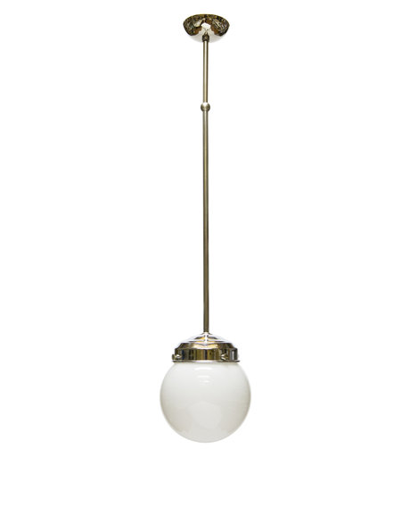 Old hanging lamp, white glass globe, 1940s