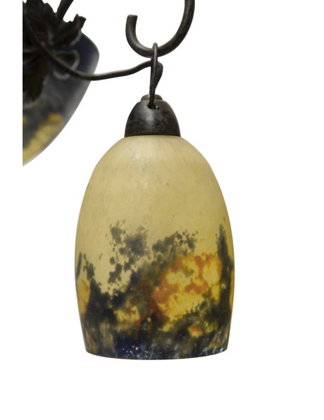 Signed hanging lamp of mouth-blown glass with wrought iron fitting, 1930s