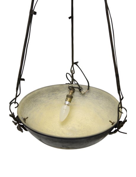 Signed hanging lamp of mouth-blown glass with wrought iron fitting, 1930s