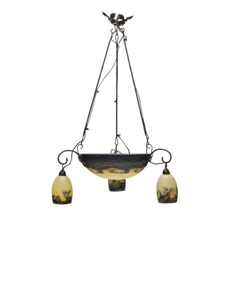 Signed hanging lamp of mouth-blown glass with wrought iron fitting, 1930s