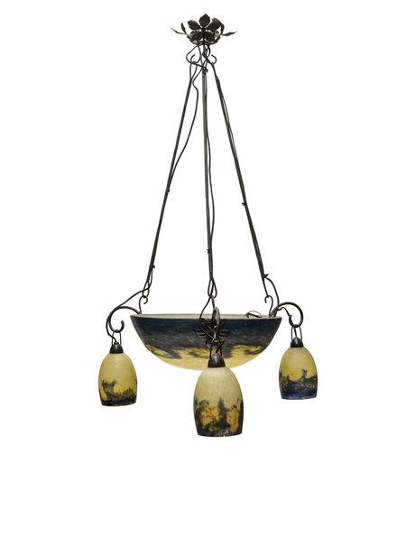 Signed hanging lamp of mouth-blown glass with wrought iron fitting, 1930s