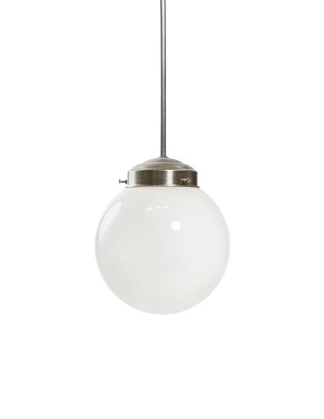 Industrial pendant lamp, white sphere on chrome fixture, 1960s