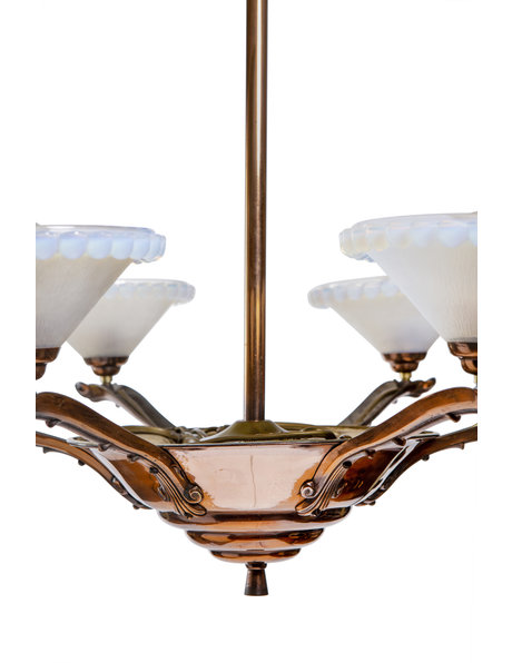 Art deco hanging lamp, copper with mother-of-pearl glass, ca. 1930