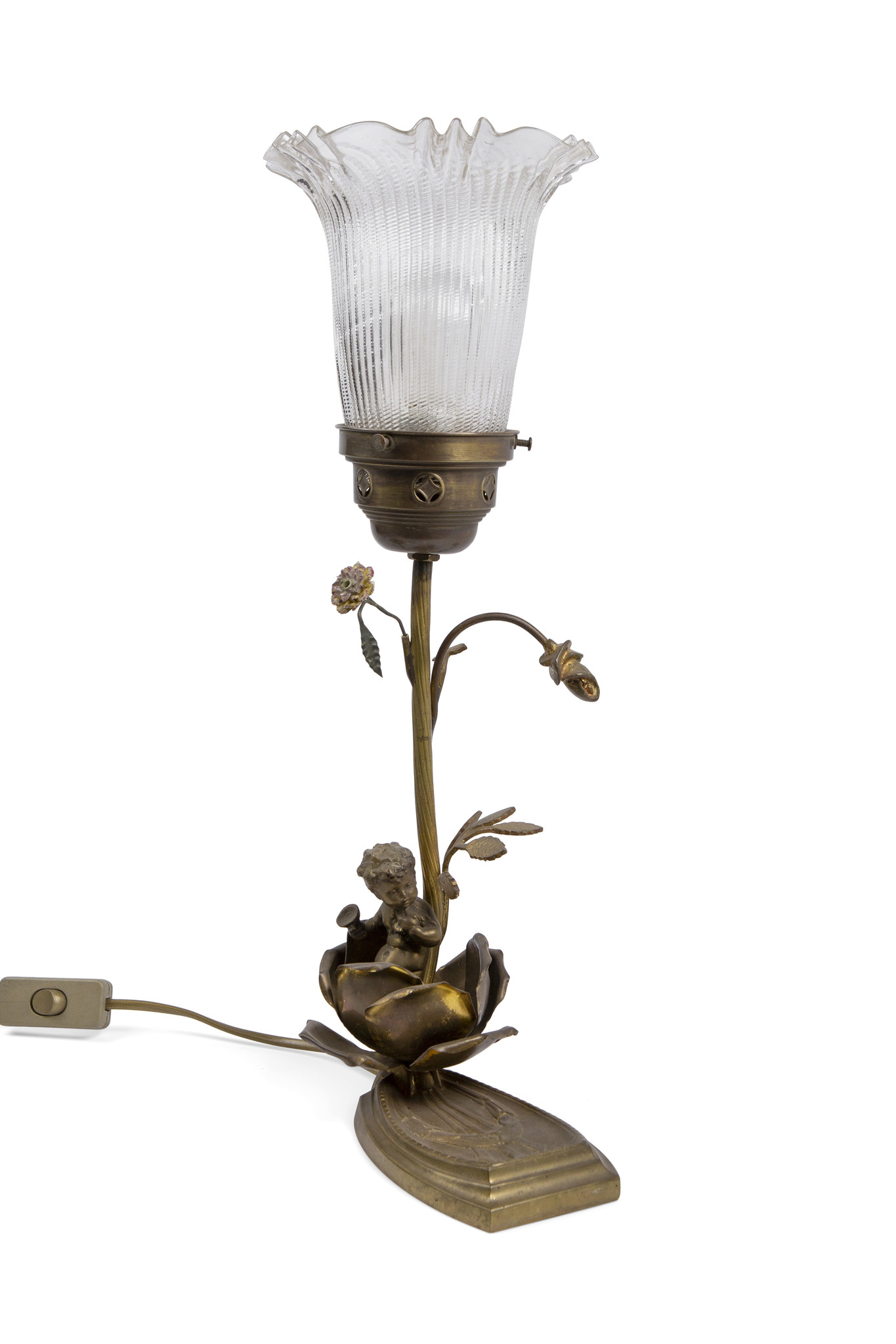 Fondsen ontwikkelen puree Brocante tafellamp met cherubijntje en glazen lampenkap - Lamplord