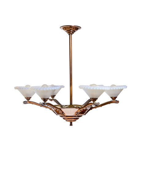 Art deco hanging lamp, copper with mother-of-pearl glass, ca. 1930