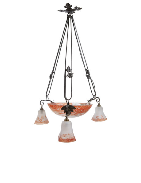 Large hanging lamp, hand-blown glass, wrought iron, ca.1930