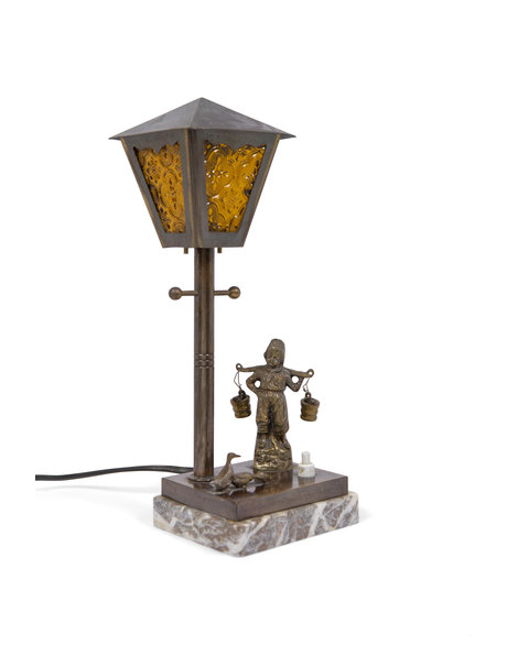 Brocante table lamp, lantern with farmer, ca.1930