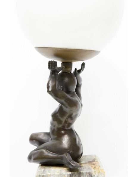 Antique table lamp, marble base with a statue of a man carrying light, 1930s