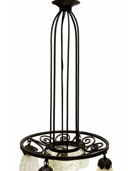 Large antique pendant lamp, Degue style, black metal with pressed glass shades