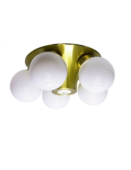 Unique 1950s ceiling lamp, 5 white spheres, gold-coloured frame