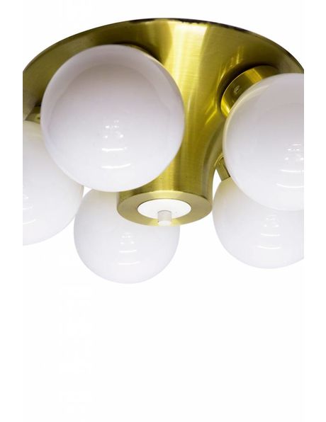 Unique 1950s ceiling lamp, 5 white spheres, gold-coloured frame