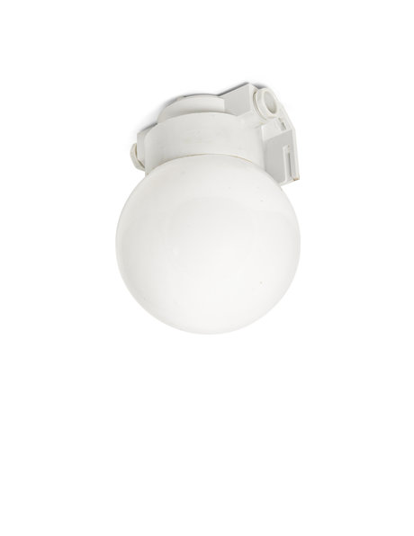 Industrial ceiling lamp, gray plastic with white sphere, ca. 1950