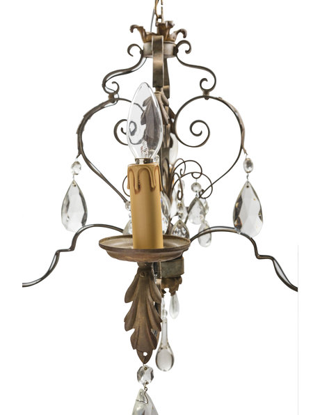 Wrought iron hanging lamp with small crystal glass accents, ca. 1940