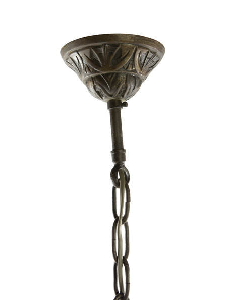 Large bronze hanging lamp, 5 arms with pink glass shades, 1930s